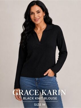 GRACE KARIN women v-neck black minimalist style knit blouse/size M